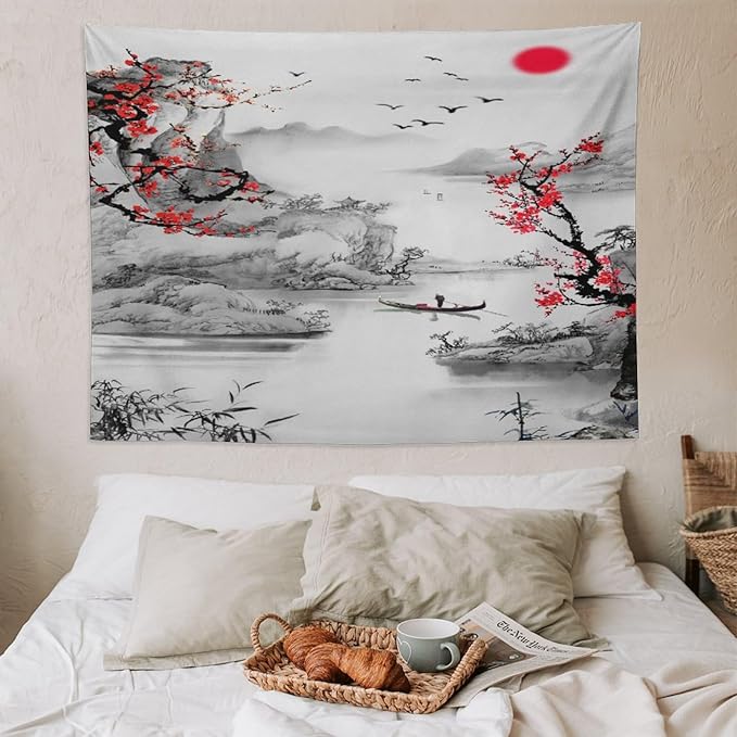Cherry Blossoms Tapestry,Japanese Red Landscape Watercolor Abstract Art Tapestry,Asian Japanese Wall Tapestry, Nature Landscape Tapestries for Bedroom Living Room Decor 80"x60"