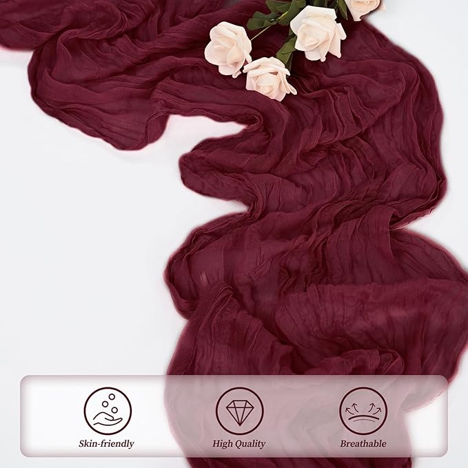 Burgundy 20 Pack Cheesecloth Table Runner 10FT Rustic Gauze Cheese Cloth Table Runner for Wedding Bridal Baby Shower Table Decor 20 x 120 Inch Long Boho Fabric Sheer Birthday Party Table Decorations