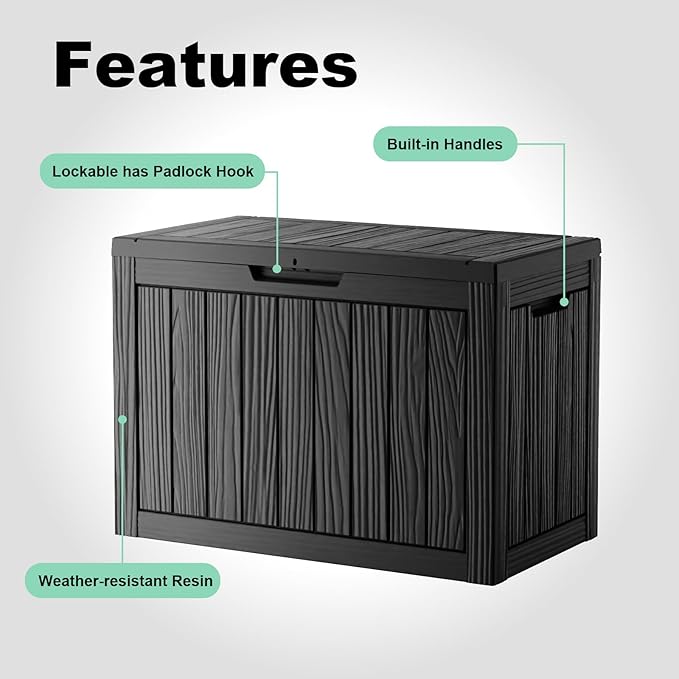 45 Gallon Resin Deck Box, Lockable Outdoor Storage Box for Patio Cushions Storage Furniture,Garden Tools, Pool Supplies, Weatherproof and UV Resistant（Black）
