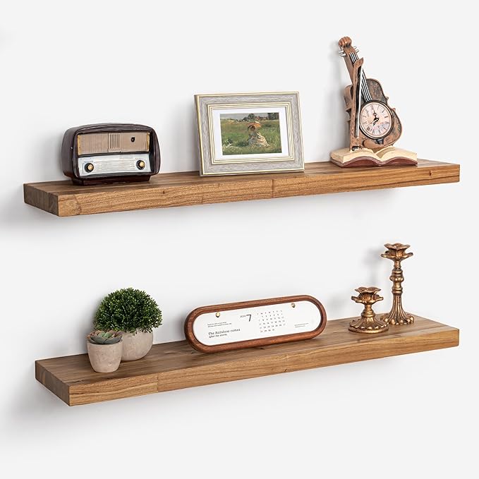 Axeman Floating Shelves for Wall - 32''W x 8'' D Rustic Solid Elm Wood Shelves for Storage, Wall Mounted Display Shelving with Invisible Heavy-Duty Metal Bracket (Natural, 2PCs)