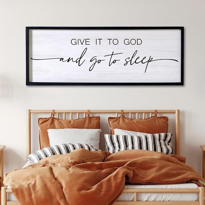 Give It to God and Go to Sleep Decorative Rustic Sign & Plaque Framed Wall Art for Couples, 40''×15'' Cottagecore Wooden Horizontal Wall Decor Above Bed, Vintage Farmhouse Wedding Gift for Bedroom