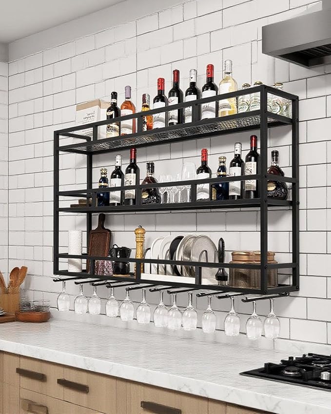 59" Large Wine Rack Wall Mounted with Bottle Glass Holder, 3-Tiers Metal Liquor Floating Shelves with LED Light, Wall Bar Shelf for Home, Restaurant, Commercial Bar, Kitchen Storage Display