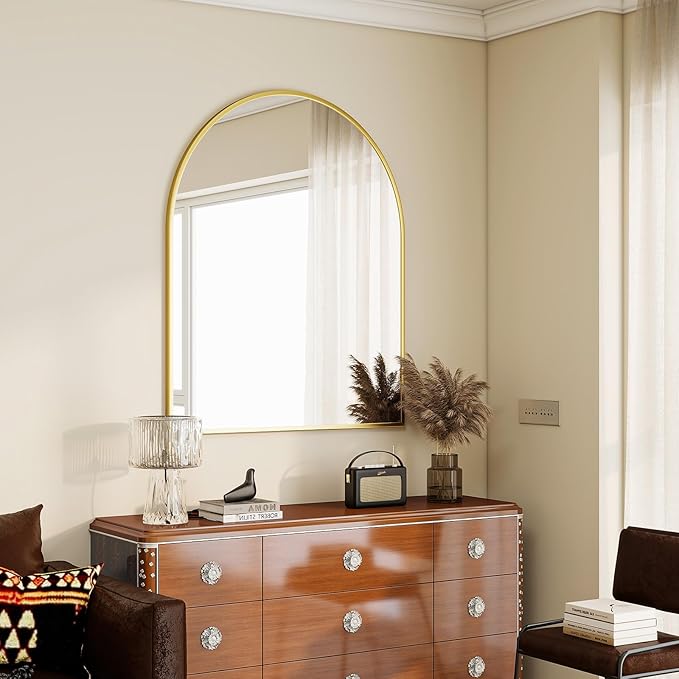 BEAUTYPEAK 36"x48" Arch Bathroom Mirror, Wall Mounted Vanity Metal Frame Mirror for Bedroom, Entryway, Living Room, Gold