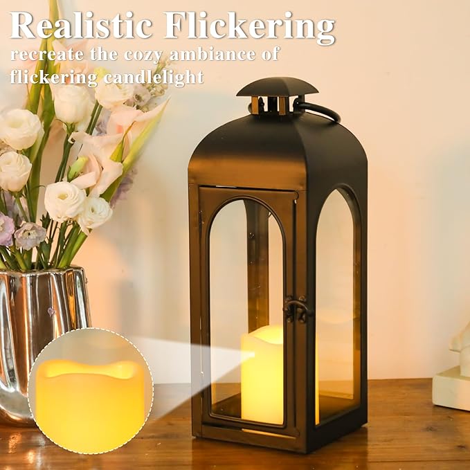 Bdor 16 Inches Metal and Stainless Steel Glass Decorative Lantern with Electronic Wax Effect - Indoor/Outdoor Decorative Lighting, Handcrafted Aesthetic, Perfect for Home, Parties, and Holiday Decor