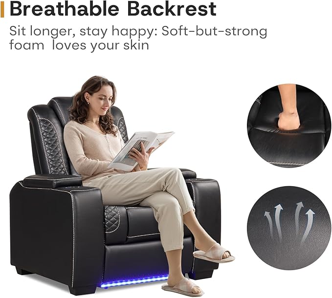 ANJ Power Theater Recliners Set of 3, Electric Home Theater Seating, Black Faux Leather Recliner with Adjustable Headrest, Movie Recliner Theater Chairs with LED,USB, Cup Holders, Hidden Arm Storage