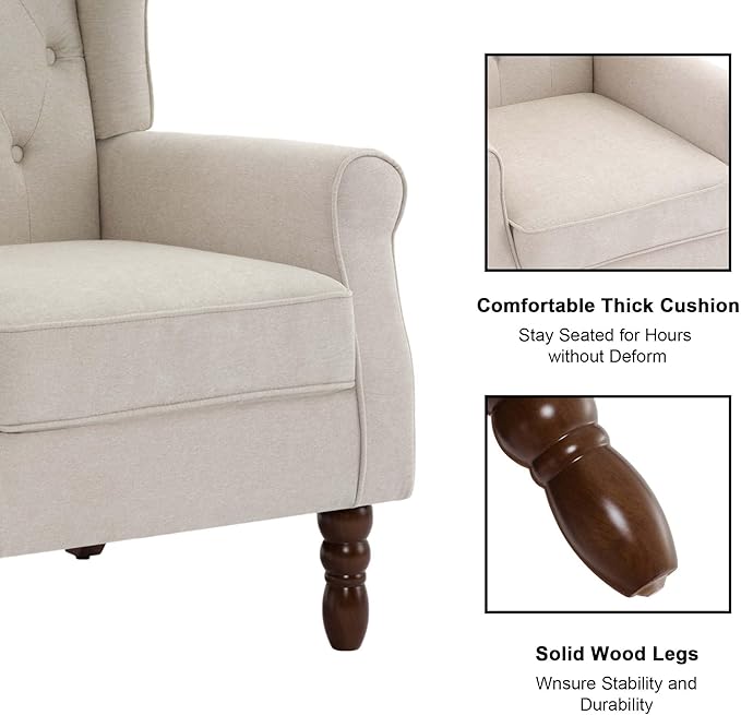 Accent Chair, Upholstered Armchair with Button Tufted High Back & Solid Wood Legs, Comfy Wingback Reading Single Sofa Chair for Small Spaces, Living Room, Bedroom (Beige, Set of 1)