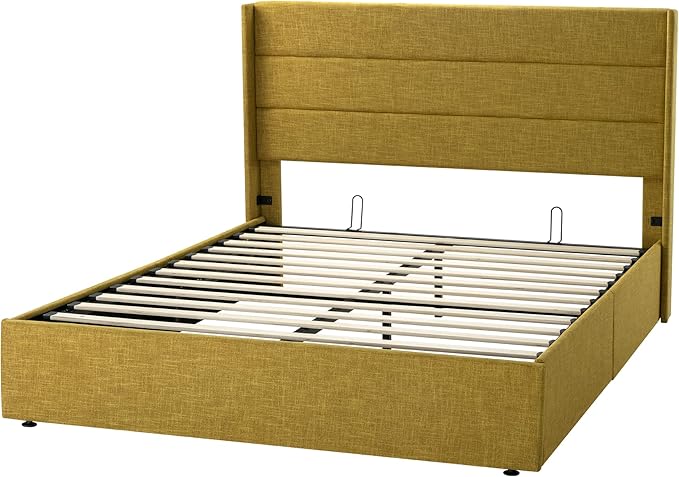 Allewie Full Size Lift Up Storage Bed, Modern Wingback Headboard, Hydraulic Support, No Box Spring Needed, Olive Yellow