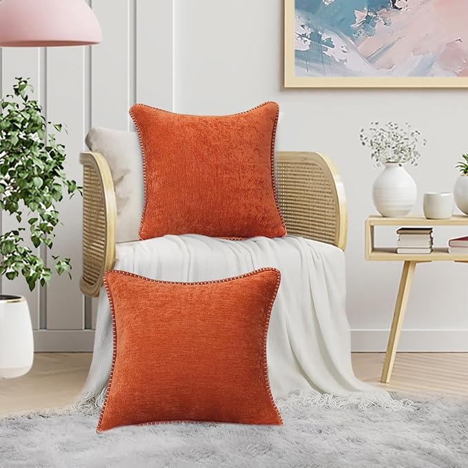 decorUhome Fall Chenille Soft Throw Pillow Covers 24x24 Set of 2, Farmhouse Velvet Neutral Decorative Euro Pillow Covers with Stitched Edge for Couch Sofa Bed Home Decor, Rust