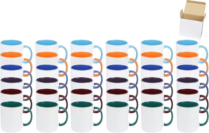 11oz White Ceramic Sublimation Coffee Mug in White Gift Box, 6 New Mixed Colors, Case of 36