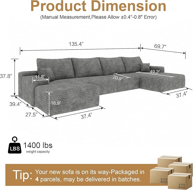 136" Sectional Couches for Living Room Modern Modular Sofa with L-Shape Couchs Upholstered Boneless Couch Deep Seat Sectional Couch with Chaise (Grey, Right Facing Chaise+3Seaters+Ottoman)