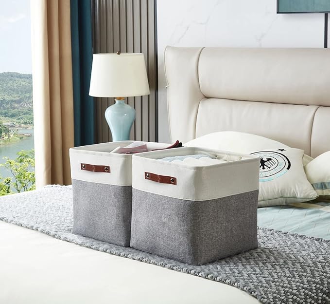 DECOMOMO 13 Inch Cube Storage Bins, Fabric Storage Cube, Basket for Kallax Shelves (Grey & White, 4 Pack)