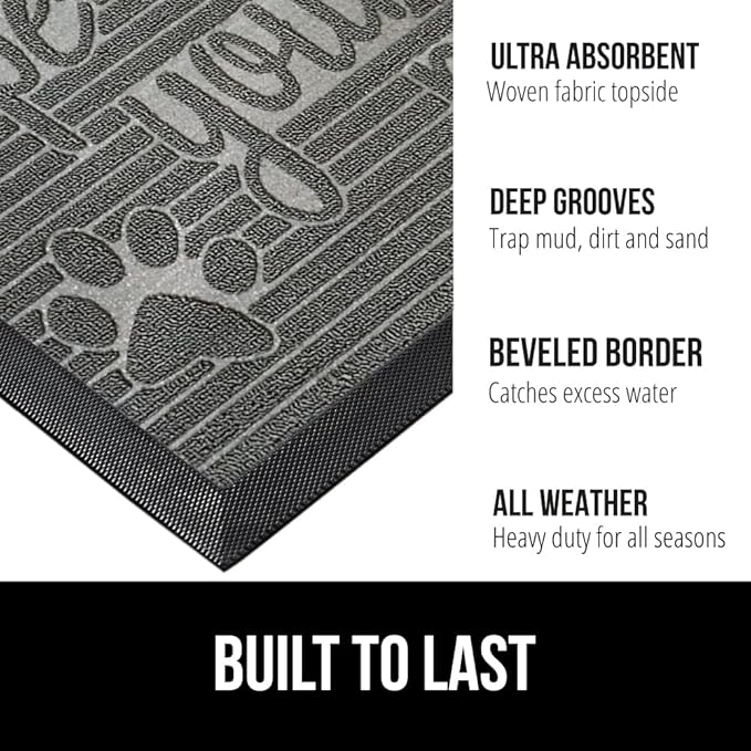GORILLA GRIP 100% Waterproof All-Season WeatherMax Doormat US Designed Natural Rubber, Stain and Fade Resistant, Low Profile Indoor Outdoor Door Mats, Easy Clean Patio Mat, 17x29, Stone Paws
