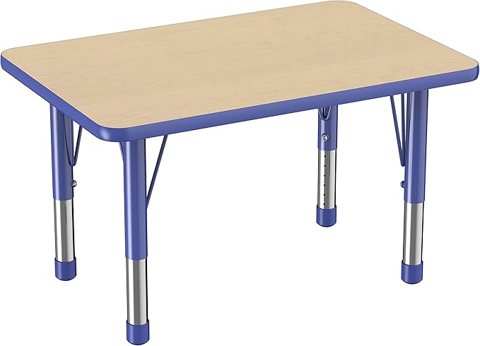 FDP Rectangle Activity School and Classroom Kids Table (24 x 36 inch), Chunky Toddler Leg, Adjustable Height 15-24 inches - Maple Top and Blue Edge