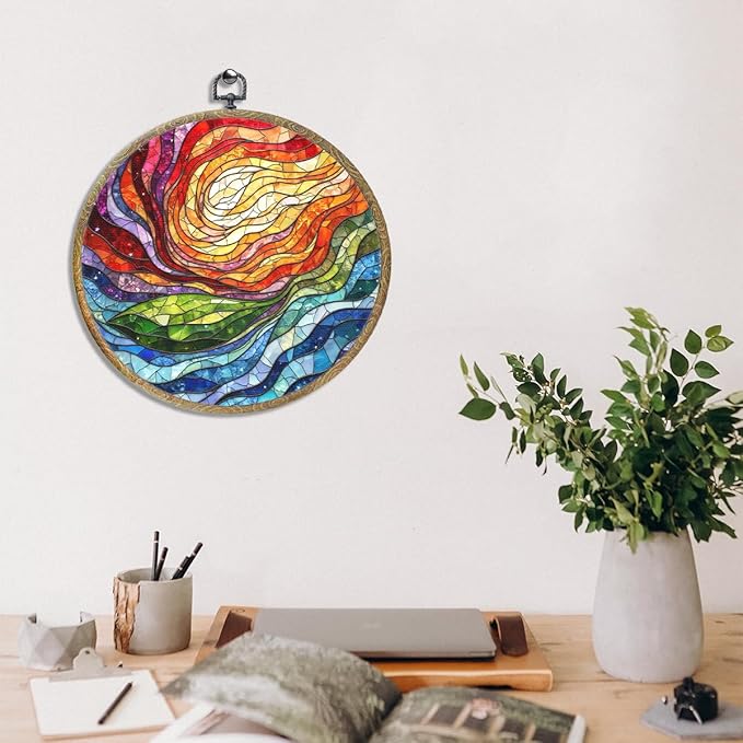 Colorful Boho Rainbow Geometric Spiral Sun Art Gift Framed Round Wall Decor Canvas Wall Art Hanging Prints Artwork for Home Office Bathroom Bedroom Living Room Decorations 10.2X10.2 Inch