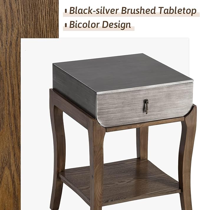 COSIEST Rustic Nightstand, 2-Tier Farmhouse Bedside Table, Wood Accent End Table with Storage Drawer and Open Display Shelf for Bedroom Nursery Living Room (Black & Silver)