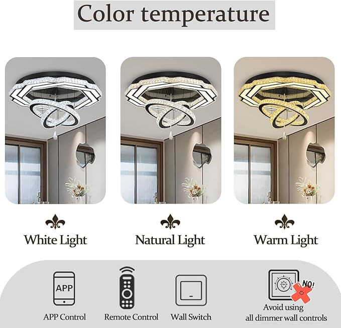 Flashing God Large Chandelier Dia 40" Black Crystal Chandelier Flush Mount Ceiling Light for Bedroom Living Room Dining Room Hallway Dimmable 3 Rings LED Celing Lighting Fixtures