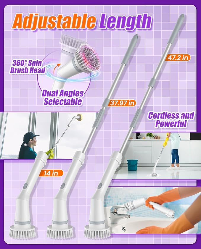 Electric Spin Scrubber, Cordless Shower Scrubber Rotary Floor Brushes & Pad Drivers with 6 Brush Heads - 2H Dual Speed, IPX7 Waterproof Extension Handle for Bathroom Tile Car Cleaning (White)