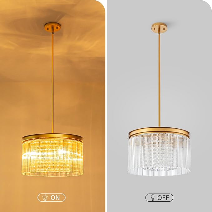 4-Lights Drum Glass Chandelier, Modern Style Light Fixture for Dining Room, Bedroom, Ripple Glass Shade & Brass Finish, D16.5 * H18~48 inch (Adjustable Height)