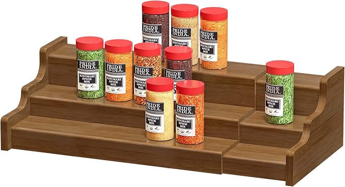 Bamboo Spice Rack Cabinet Organizer - 3 Tier Wooden Expandable Walnut Display Shelf
