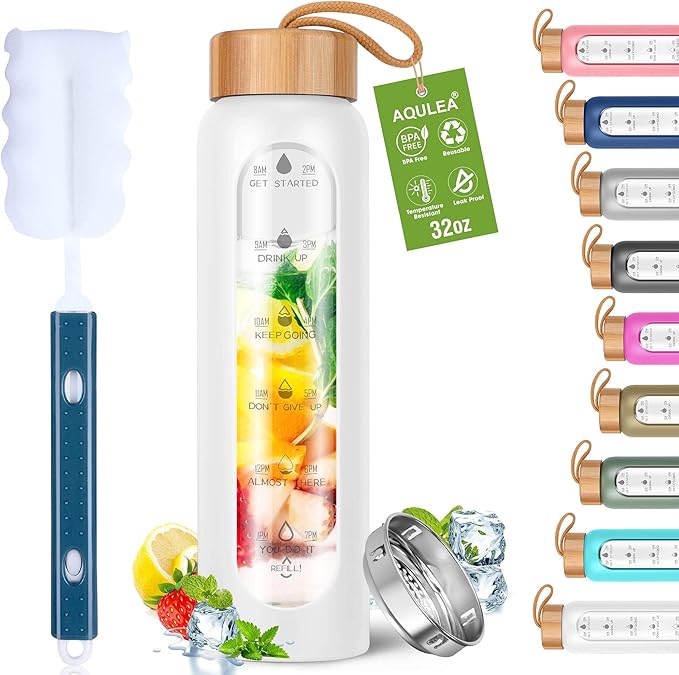 Aqulea Glass Water Bottles 32 Oz with Silicone Sleeve - BPA Free Reusable Wide Mouth Glass Motivational Water Bottles with Fruit Infuser – Leak Proof Borosilicate Water Bottle with Time Marker (White)