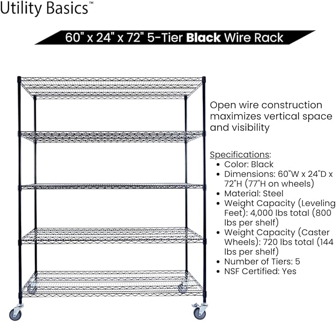 60"x24"x72" Black 5-Tier Premium Metal Wire Shelving NSF 4000 LBS MAX Capacity Heavy Duty Steel Storage Rack for Warehouse, Garage, Hospital, Commercial Space & School w/Premium Wheels