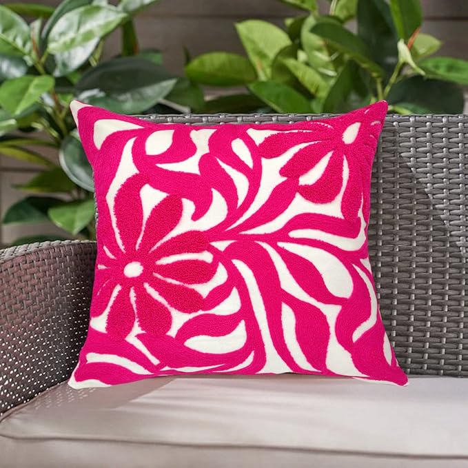 Alysheer Farmhouse Floral Leaves Embroidered Decorative Throw Pillow Cover 18x18 inches, Boho Tufted Flowers Embroidery Pattern Chic Cotton Cushion Case for Couch Bed Sofa Living Room(Bright Hot Pink)