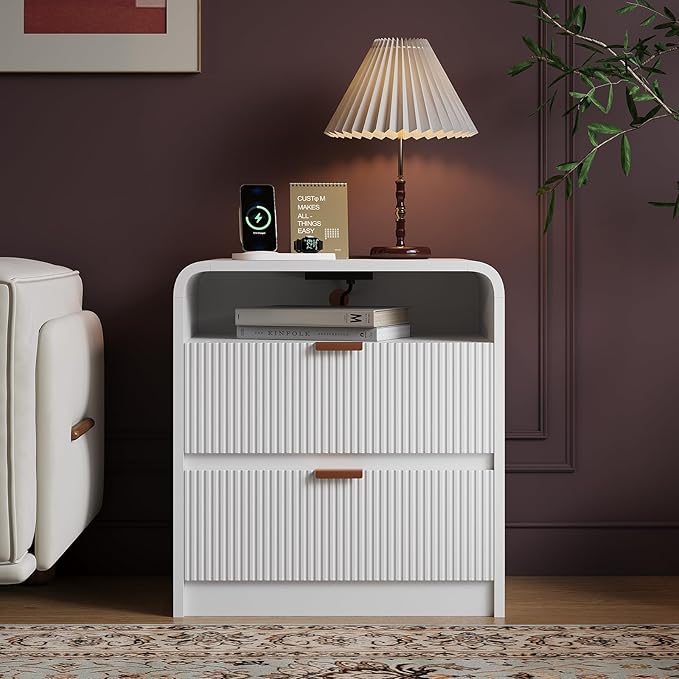 FURSUN 24" Fluted Nightstand with Charging Station, Wooden End Table with 2 Drawers Storage, Curved Profile Design, Modern Bedside Cabinet for Bedroom Living Room, White