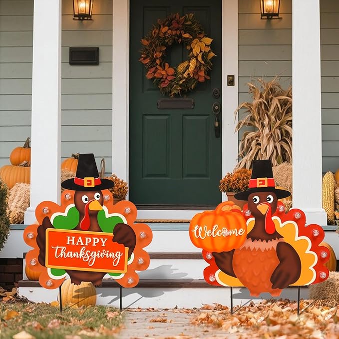 2 PCS Fall Decorations Outdoor Metal Happy Thanksgiving Decorative Garden Stakes with Led Light Welcome Pumpkin Turkey Yard Signs Fall Harvest Lawn Garden Lawn Pathway Decor