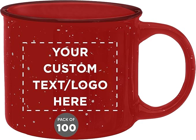 DISCOUNT PROMOS Custom Ceramic Campfire Coffee Mugs 13 oz. Set of 100, Personalized Bulk Pack - Perfect for Tea, Espresso, Cappuccino, Hot Cocoa - Red