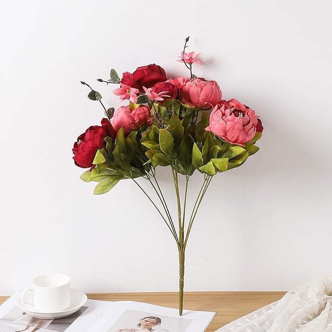 Duovlo Fake Flowers Vintage Artificial Peony Silk Flowers Wedding Home Decoration,Pack of 1 (New Red)