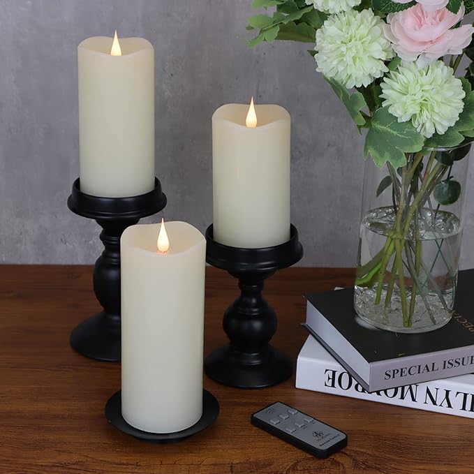 Flickering Flameless Candles with 3D Moving Flame Set of 3(H 5" 6" 7" x D 3"), Last 1000+ Hours Battery Operated Candles with Remote Timer, Ivory Real Wax Electric LED Pillar Candles