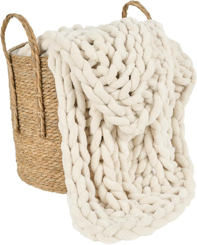 Esterra Chunky Knit Blanket Throw, 100% Handmade Chenille Throw Blanket 40"x50", Soft Thick Yarn Cable Knit Crochet Throw Blanket Rope Knot Throw for Couch Bed Sofa, Apricot White