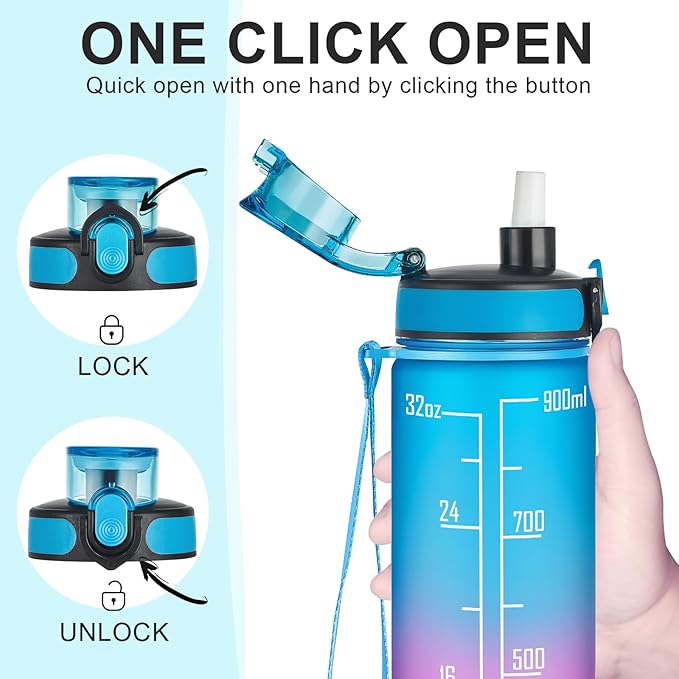 Enerbone Water Bottle, Leakproof BPA & Toxic Free, Motivational Water Bottle with Times to Drink and Straw, Fitness Sports Water Bottle with Strap for Office, Gym, Outdoor Sports