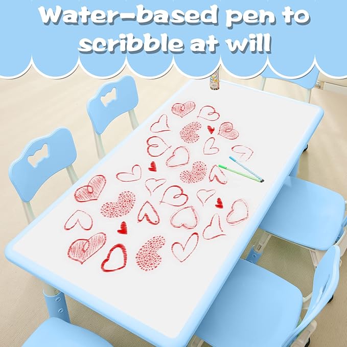 Children's Table and Chair Set Suitable for Boys and Girls Age 2-12 Height Adjustable Table top Can be Painted with 6 Seats Suitable for Family Learning Daily use (Sky blueBlue)