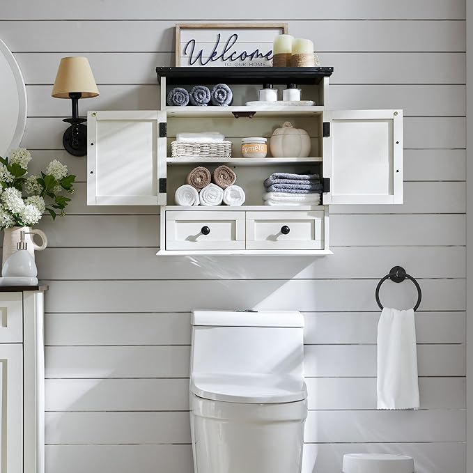 Bathroom Wall Cabinet, Farmhouse 24" Wide Medicine Cabinet with Drawer, Adjustable Shelf, Double Barn Doors, Storage Cabinets for Bathroom, Kitchen, Living Room, Off White