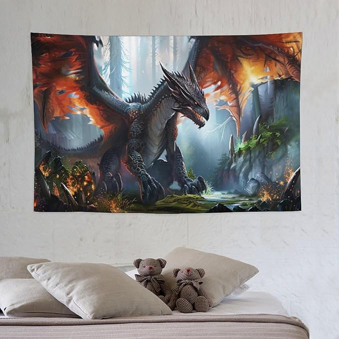 Dinosaur Tapestry Dragon Tapestries Fabric Wall Hanging Aesthetic Space Indoor Outdoor Wall Art Tablecloth Bedspread Decoration for Boy’s Bedroom Dormitory Living Room Home Decor 40"x60"