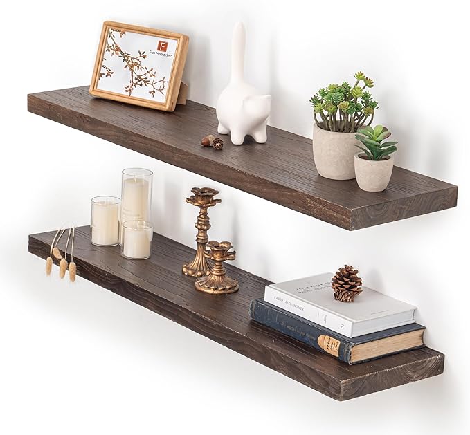Fun Memories Floating Shelves for Wall, 36"x9.3" Rustic Solid Elm Wood Shelves, Heavy-Duty Wall Mounted Shelves with Invisible Brackets, Set of 2 for Living Room, Bedroom, Kitchen, Walnut Finish