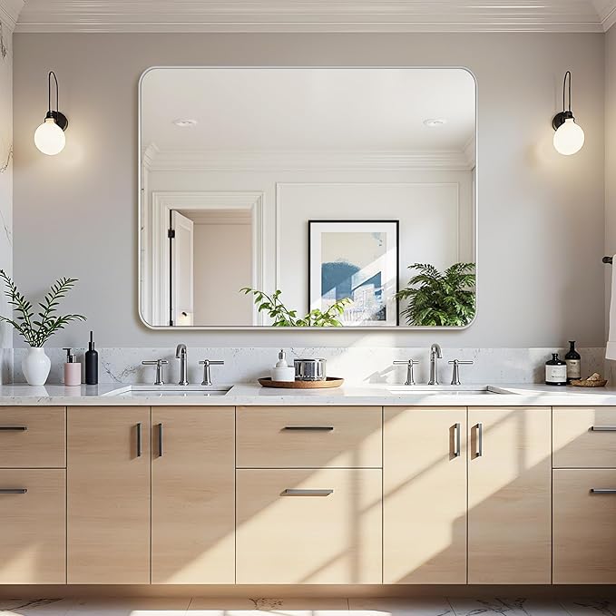 Bathroom Mirror 48" x 36", Large Rectangle Wall Mirror, Silver Metal Frame Wall Mounted Mirrors for Bathroom, Vanity, Bedroom, Entryway Decor(Horizontal/Vertical)