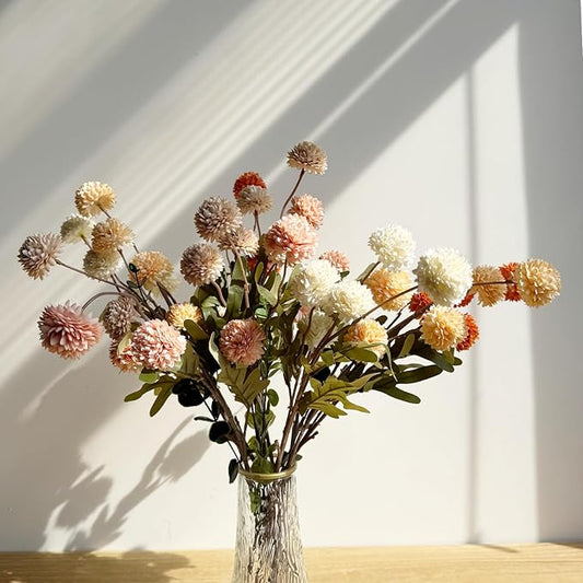 Faux Mixed Color Kiku Flower, 10 Stems with 5 Heads Each & 4 Branches Eucalyptus Stems, Artificial Small Mini Chrysanthemum Flowers for Aesthetic Room Decor, Floral Arrangements Centerpiece