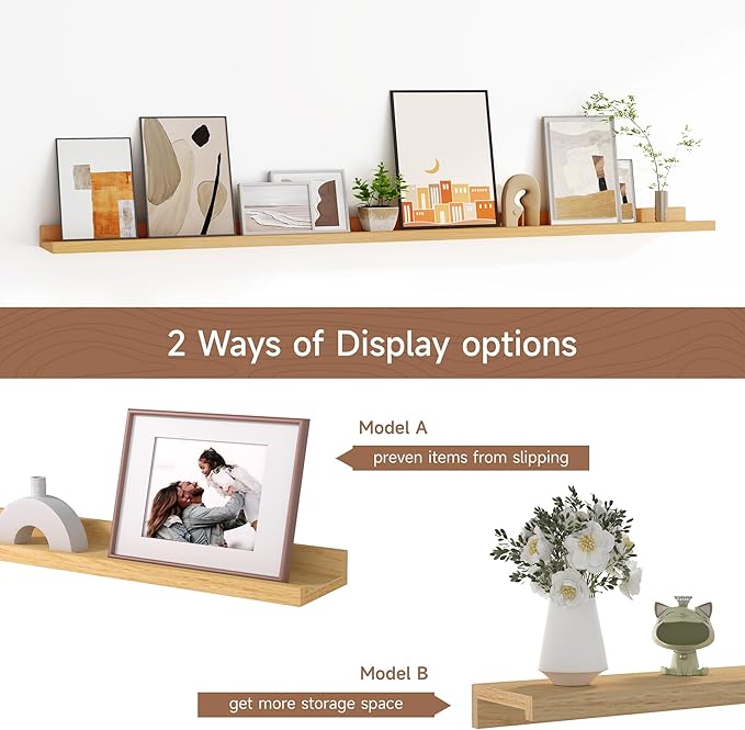 Floating Picture Ledge Shelves for Wall Set of 2, 55 Inches Picture Shelf with Ledge, Nursery Book Shelf for Toys Storage Kids Bookshelf Wall Mounted Living Room Bedroom Decor Frames, Oak