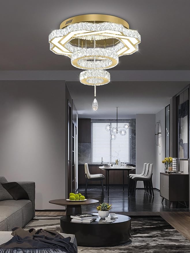 Flashing God Modern Crystal Chandeliers Dia 24" Gold Chandelier Flush Mount Ceiling Light for Bedroom Living Room Dining Room Hallway Dimmable 3 Rings LED Celing Lighting Fixtures