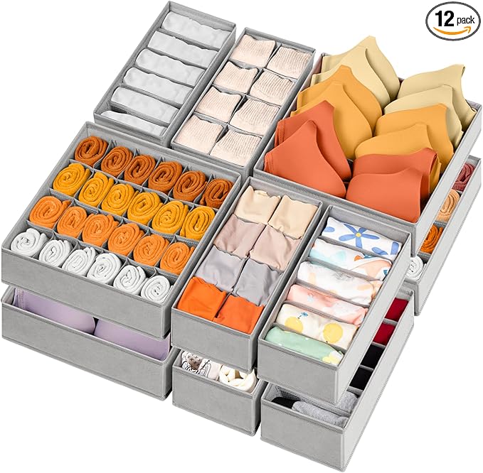 12 Pack Sock Underwear Drawer Organizer Dividers, 116 Cells Fabric Foldable Dresser Closet Organizers and Storage Bins for Baby Clothing, Women Men Underwear Socks, Bra, Ties, Scarf