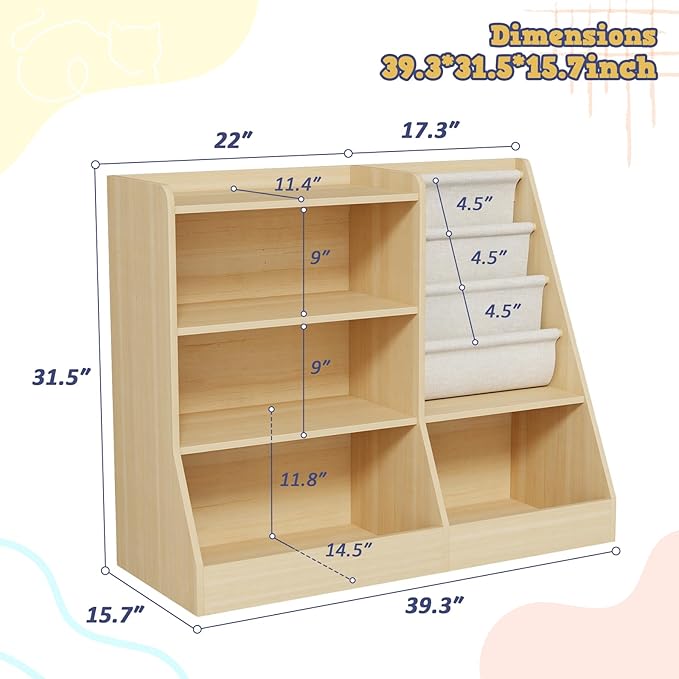 39" Large Kids Wooden Bookshelf and Toy Storage Organizer, Baby Bookcase with Sling Book Rack, Children Toddler Wooden Book Shelf for kids rooms, Playroom, Classroom, Nursery, School (Natural)
