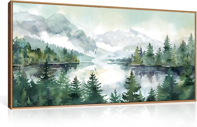 Celestdeco Watercolor Mountain Framed Canvas Wall Art Set, Boho Forest Wall Decor, Nature Green Pines Wall Painting, Forest Wilderness Artwork for Living Room, Bedroom, Dining Room, Office - 20"x40"x1