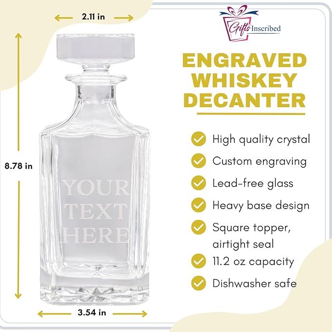 Gifts Inscribed Custom Text Whiskey Decanter Bottle (750 ml) - Personalized Font Glass Liquor Decanter Set - Customized Glassware - Engraved Whisky Glassware Gift for Wedding Anniversary Birthday Dad