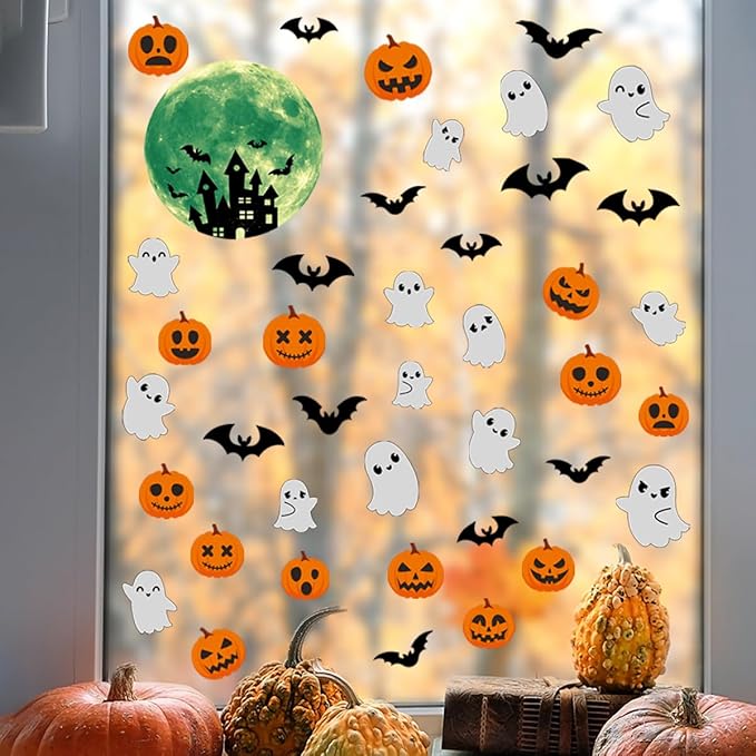 6 Sheets Halloween Window Clings Halloween Window Stickers Double-Sided Removable Castle Pumpkin Ghost Bat Window Decals Decor for Scary Halloween Theme Party Decorations