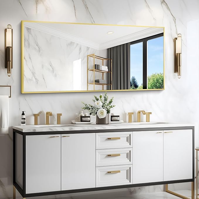 Gold Bathroom Mirror for Wall, 60x30 Inch Rectangle Mirrors with Metal Frame, Modern Vanity Wall Mirror Decor for Bathroom Living Room, Entryway Hangs Horizontal or Vertical