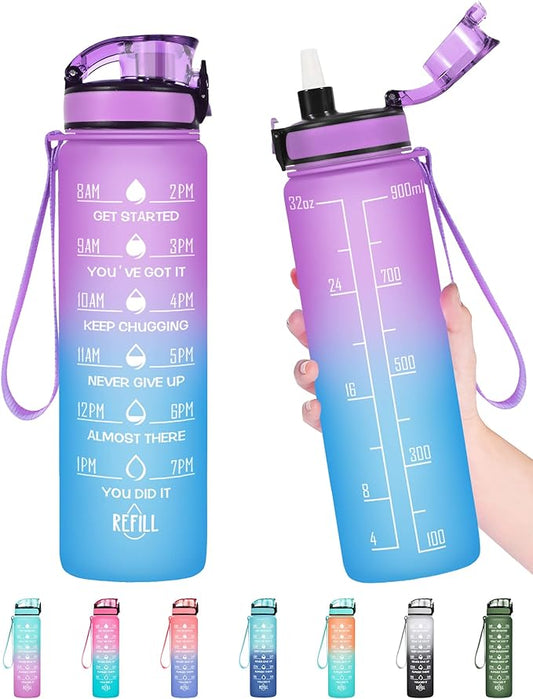 Enerbone Water Bottle, Leakproof BPA & Toxic Free, Motivational Water Bottle with Times to Drink and Straw, Fitness Sports Water Bottle with Strap for Office, Gym, Outdoor Sports