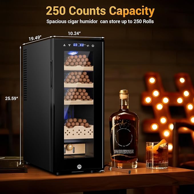 Electric Humidor for Cigars, 35L 250 Counts Large Capacity Thermostatic Desktop Humidor Cabinet with Digital LED Screen, Safety Lock,Smart Humidity & Temp Control, Gifts for Men