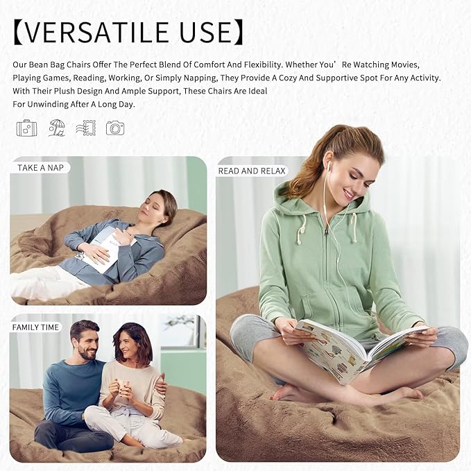 Bean Bag Chair for Adults 8FT,Soft Removable Cover for Teens/Girls Bedroom,Fluffy Giant Round Floor Beanbag Lounger Chairs (No Filler,Tan)